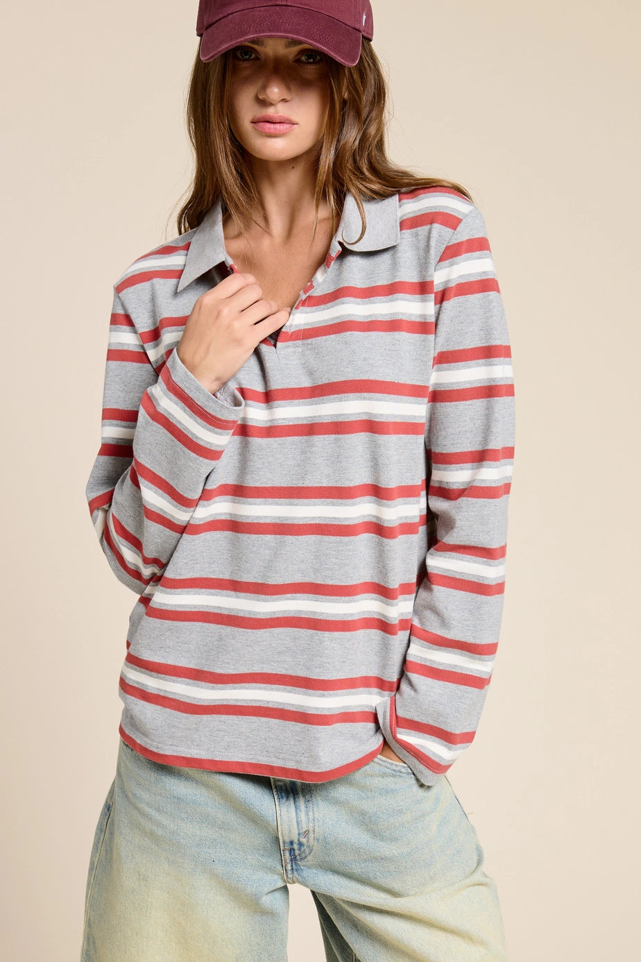 Kev Striped Long Sleeve Polo - ONFEMME By Lindsey's Kloset