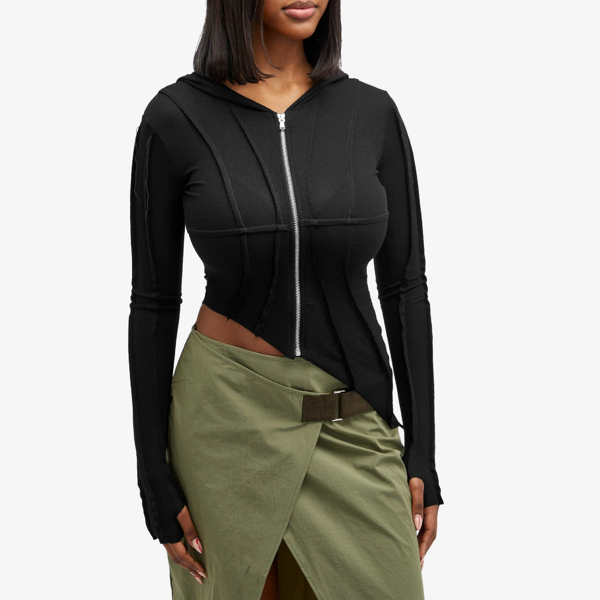 Asymmetric Hoodie in Black Rib - ONFEMME By Lindsey's Kloset