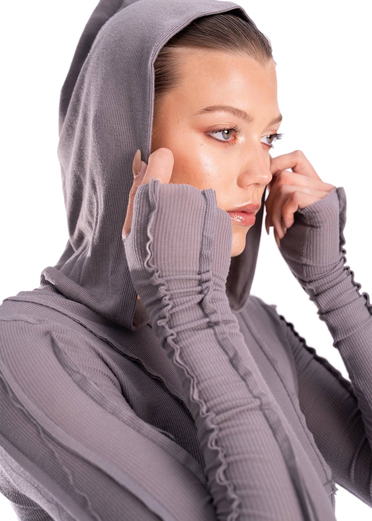 Asymmetric Hoodie in Graphite Rib - ONFEMME By Lindsey's Kloset