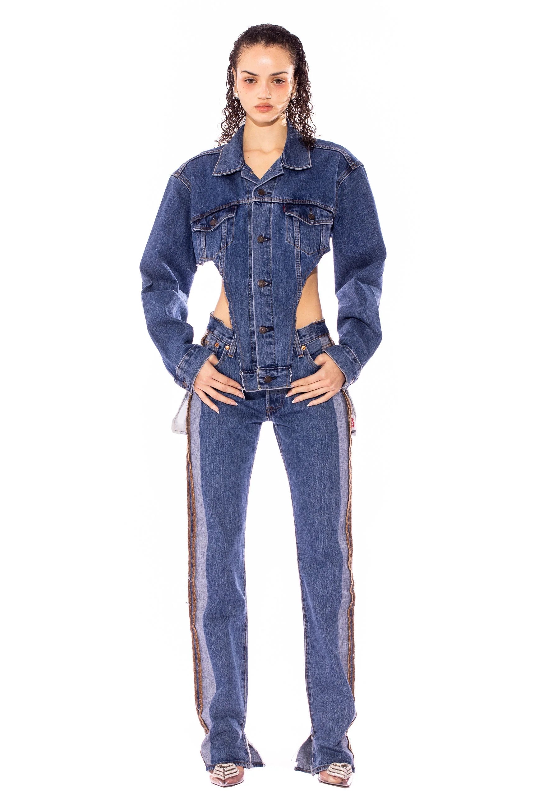 Deep V Jacket in Vintage Blue Denim - ONFEMME By Lindsey's Kloset