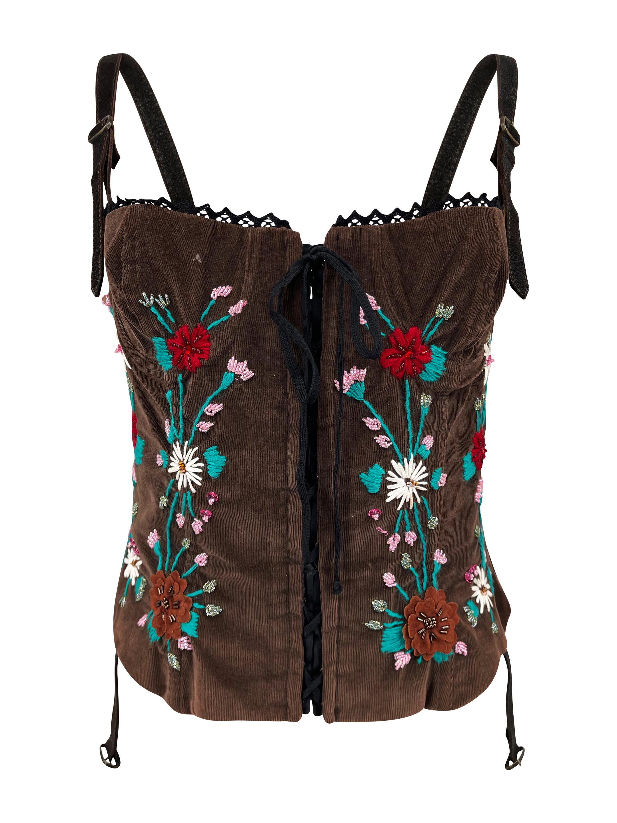 F/W 2002 Brown Corduroy Embroided Flowers Co-ord Set - ONFEMME By Lindsey's Kloset