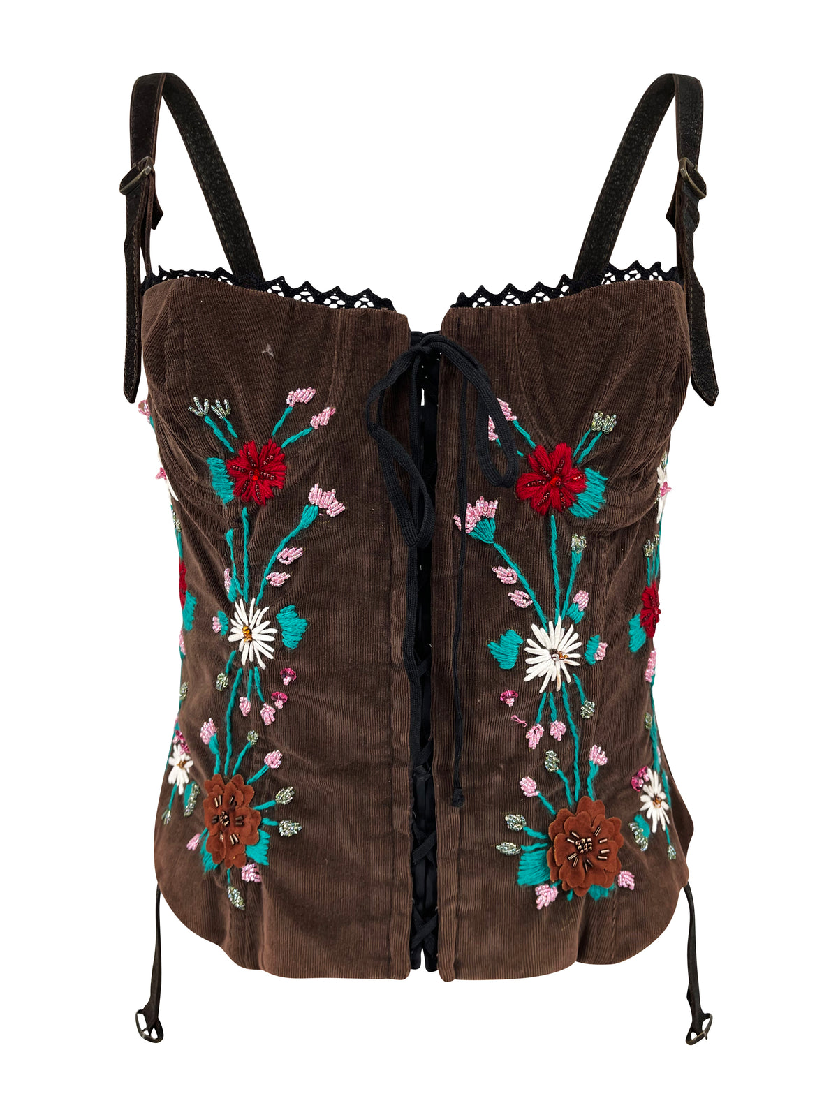 F/W 2002 Brown Corduroy Embroided Flowers Co-ord Set - ONFEMME By Lindsey's Kloset