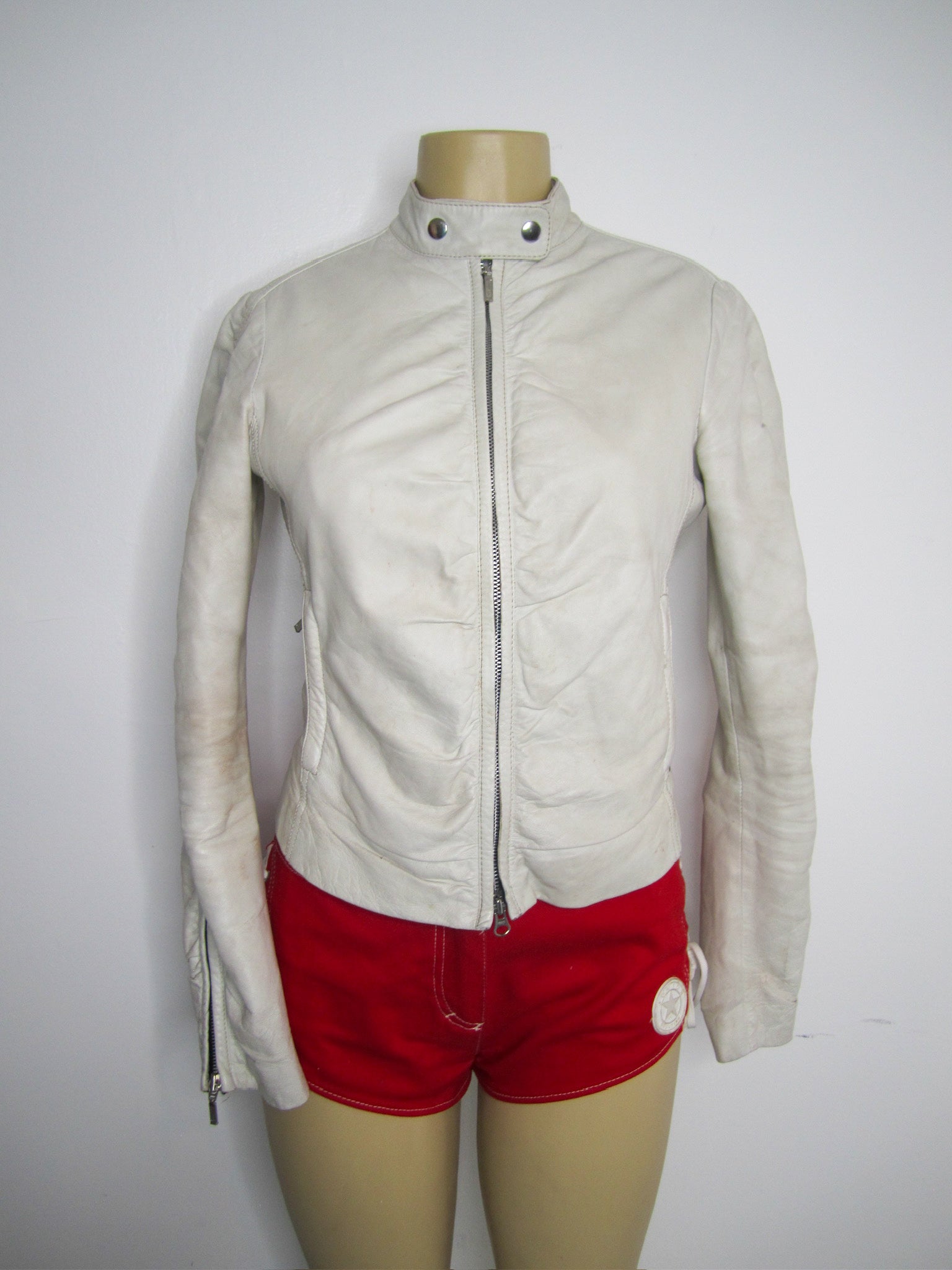 Casual Slim Fit White Leather Biker Jacket - The Vintage Leather