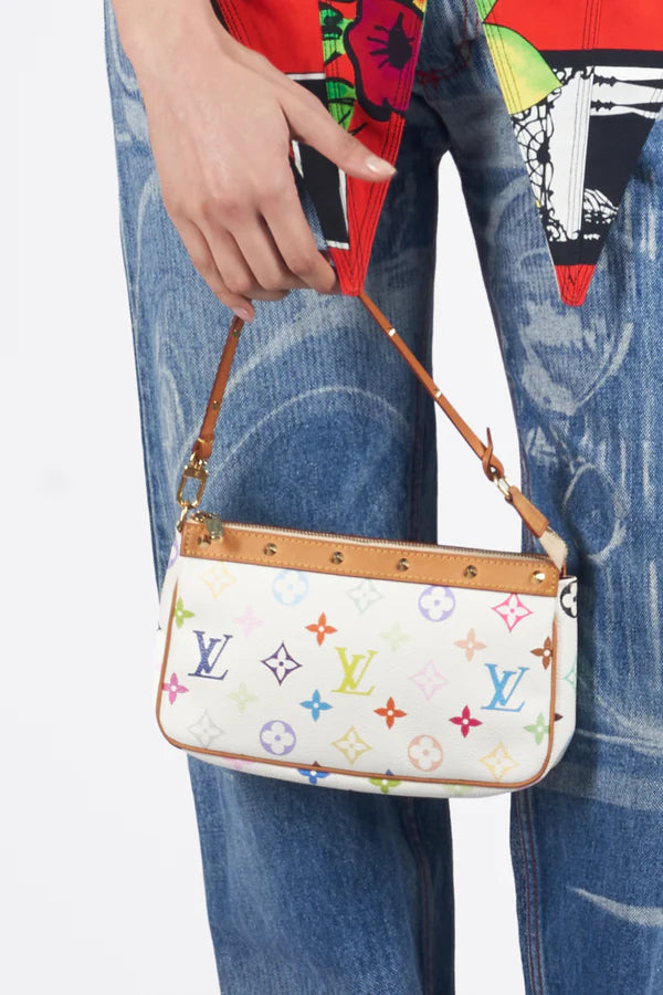 Louis Vuitton x Takashi Murakami Vintage 2003 White Pochette Bag - ONFEMME By Lindsey's Kloset