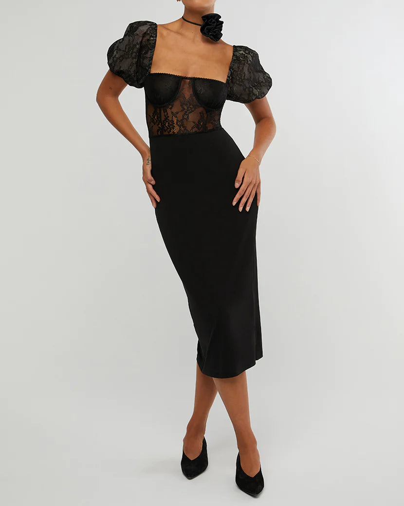 Love Triangle corset body mini dress in black lace