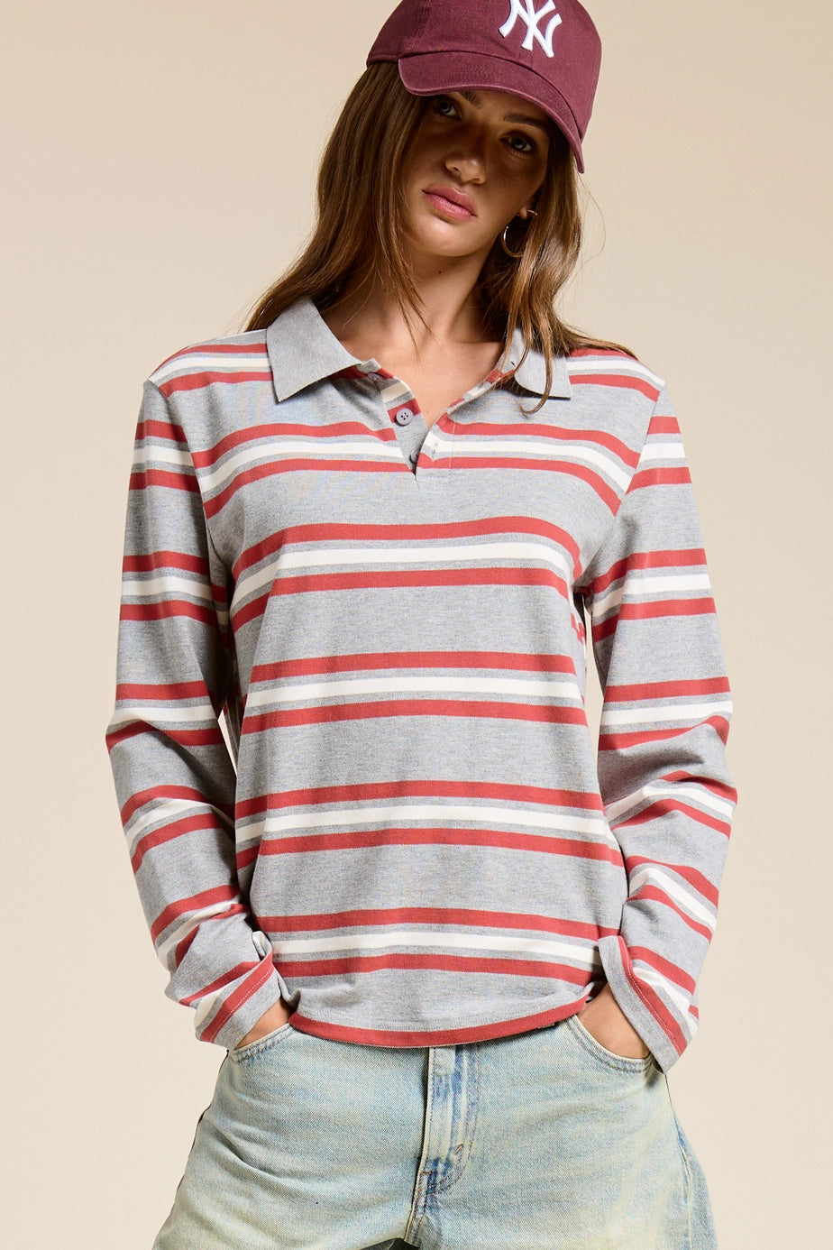 Kev Striped Long Sleeve Polo - ONFEMME By Lindsey's Kloset