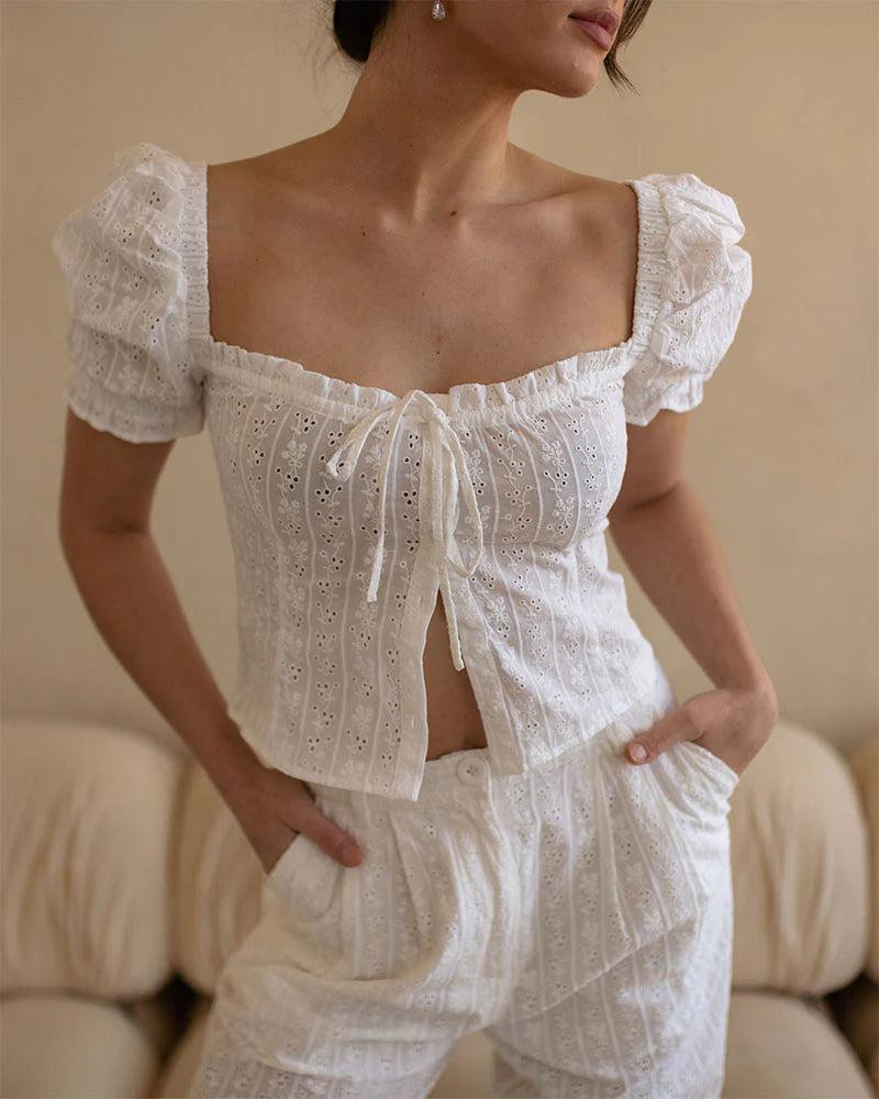 Eyelet Puff Sleeve Top - ONFEMME By Lindsey's Kloset