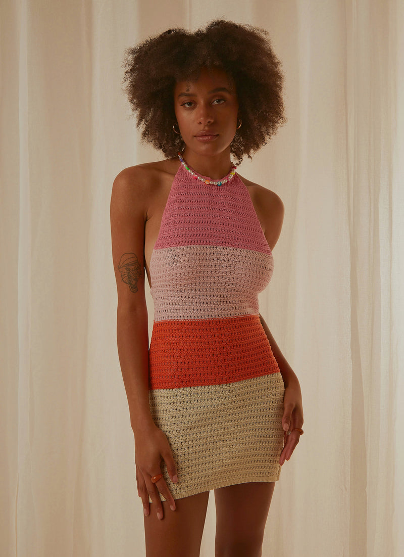 Last Sunset Hour Crochet Mini Dress - Pink Orange Splice - ONFEMME By Lindsey's Kloset