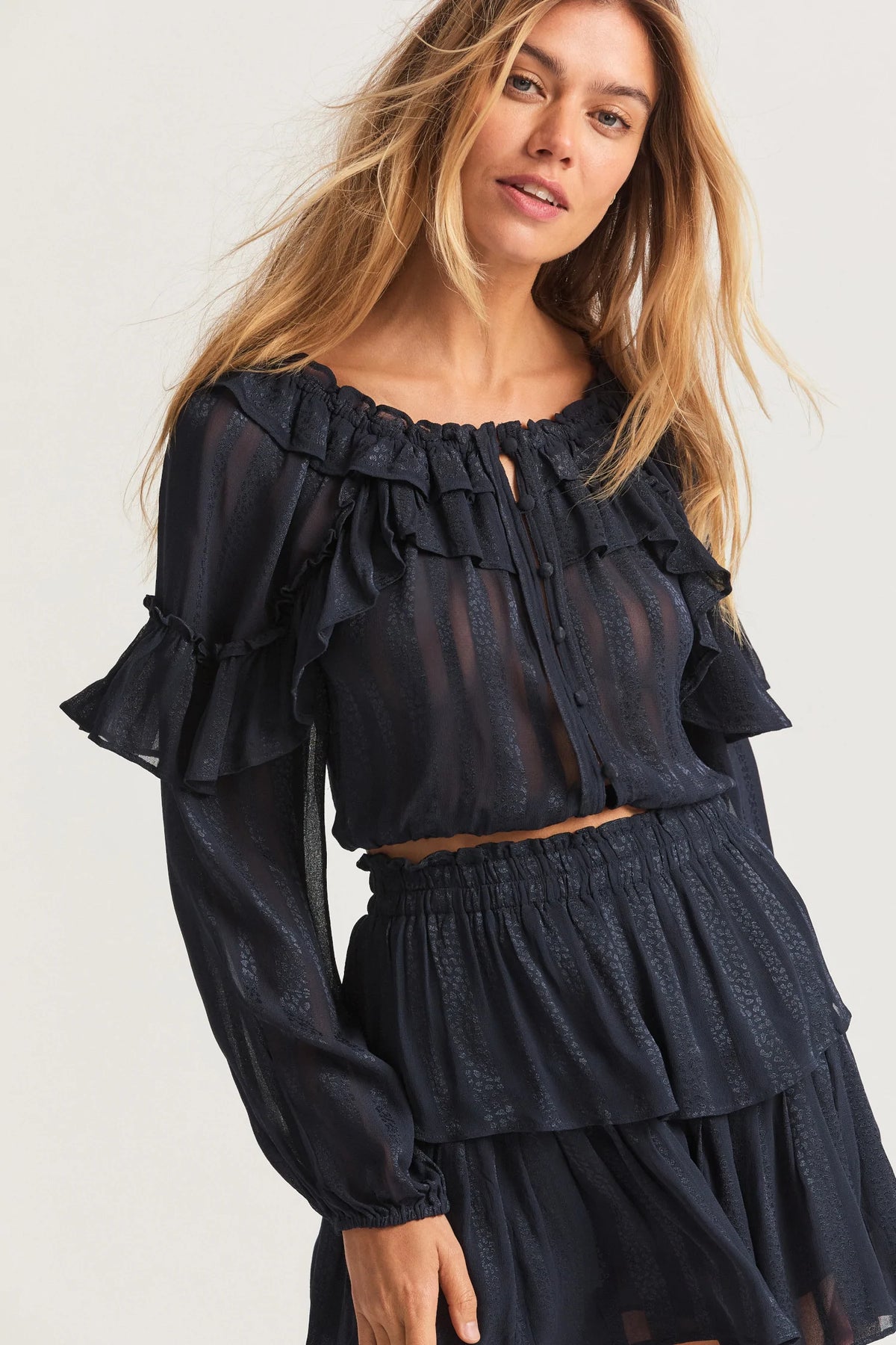 Ruffle Popover Top - Midnight - ONFEMME By Lindsey's Kloset