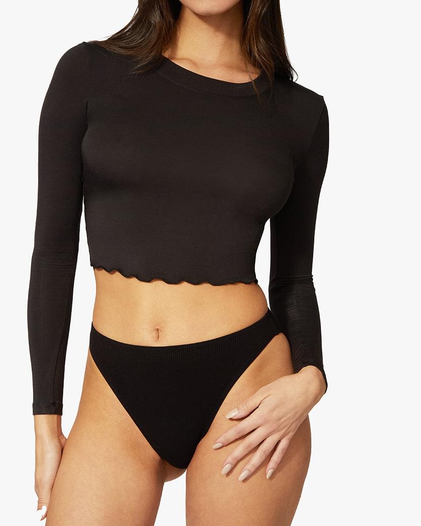 CREW NECK LONG SLEEVE CROPPED TEE (BLACK) - ONFEMME By Lindsey's Kloset
