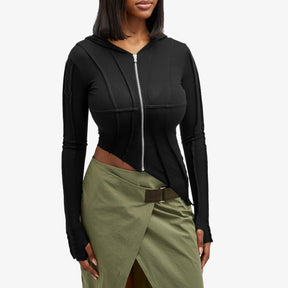 Asymmetric Hoodie in Black Rib