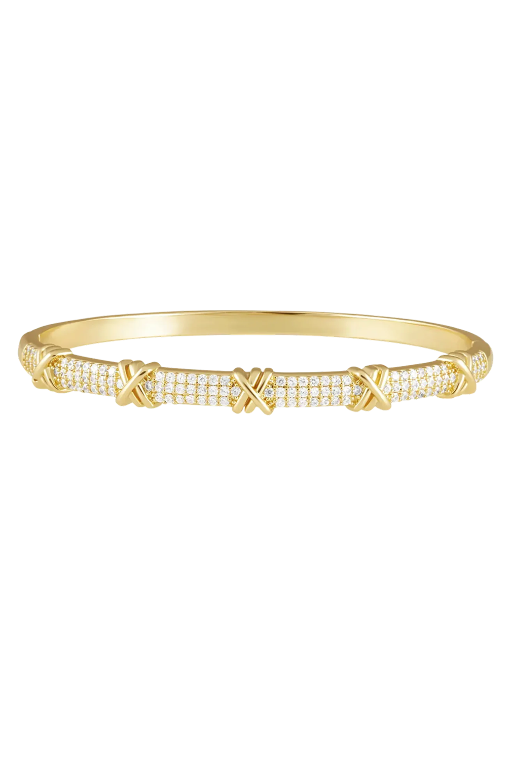 Catherine Pavé Bangle - ONFEMME By Lindsey's Kloset. A gold-plated bangle bracelet featuring rows of pavé-set clear stones and three interlocking gold 'X' motifs on the front, shown against a plain white background.