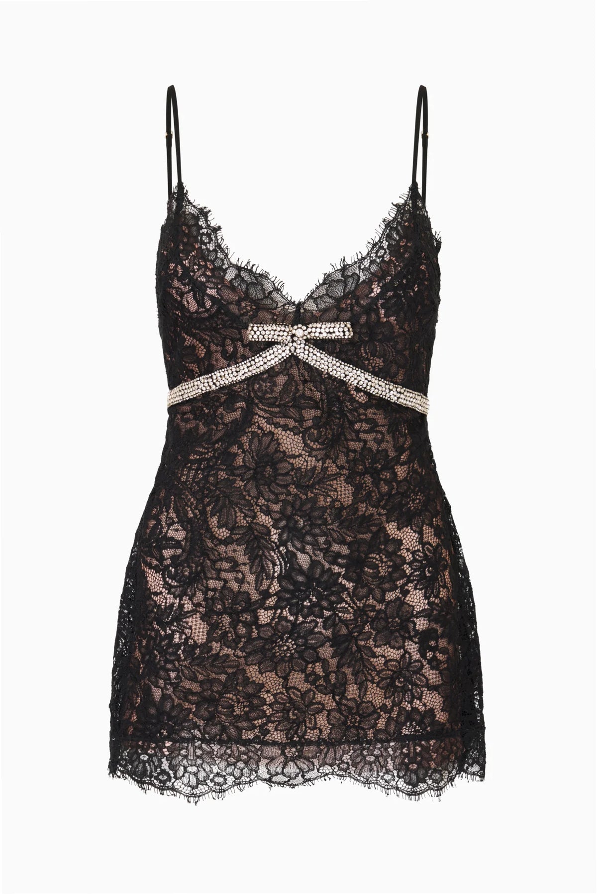 Eviara Lace Mini Dress with Crystal Bow.
