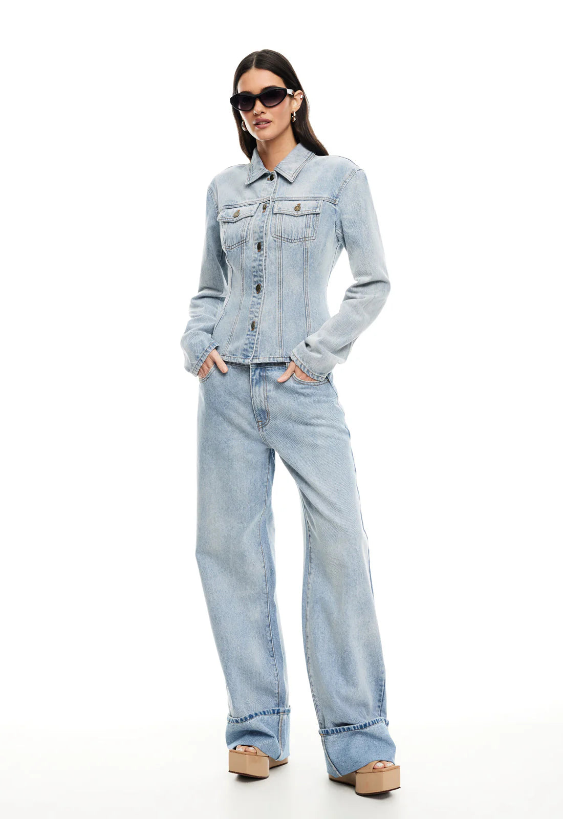 関送込 JCAESAR CUFFED JEANS Cuffed Slouchy Boyfriend Jean In Clear Indigo Wash For Women