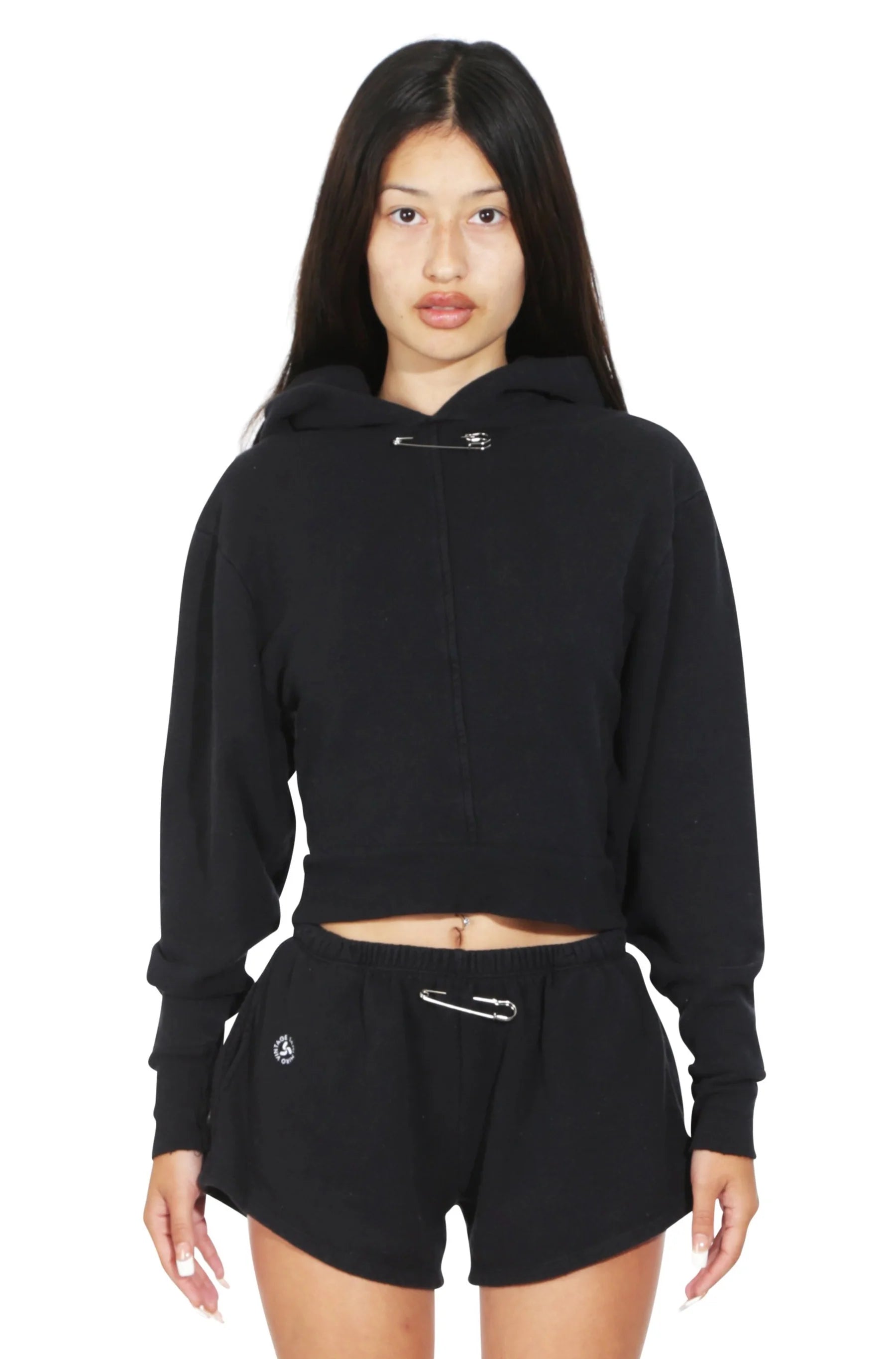 Mini Safety Pin Hoodie in Black Terry - ONFEMME By Lindsey's Kloset