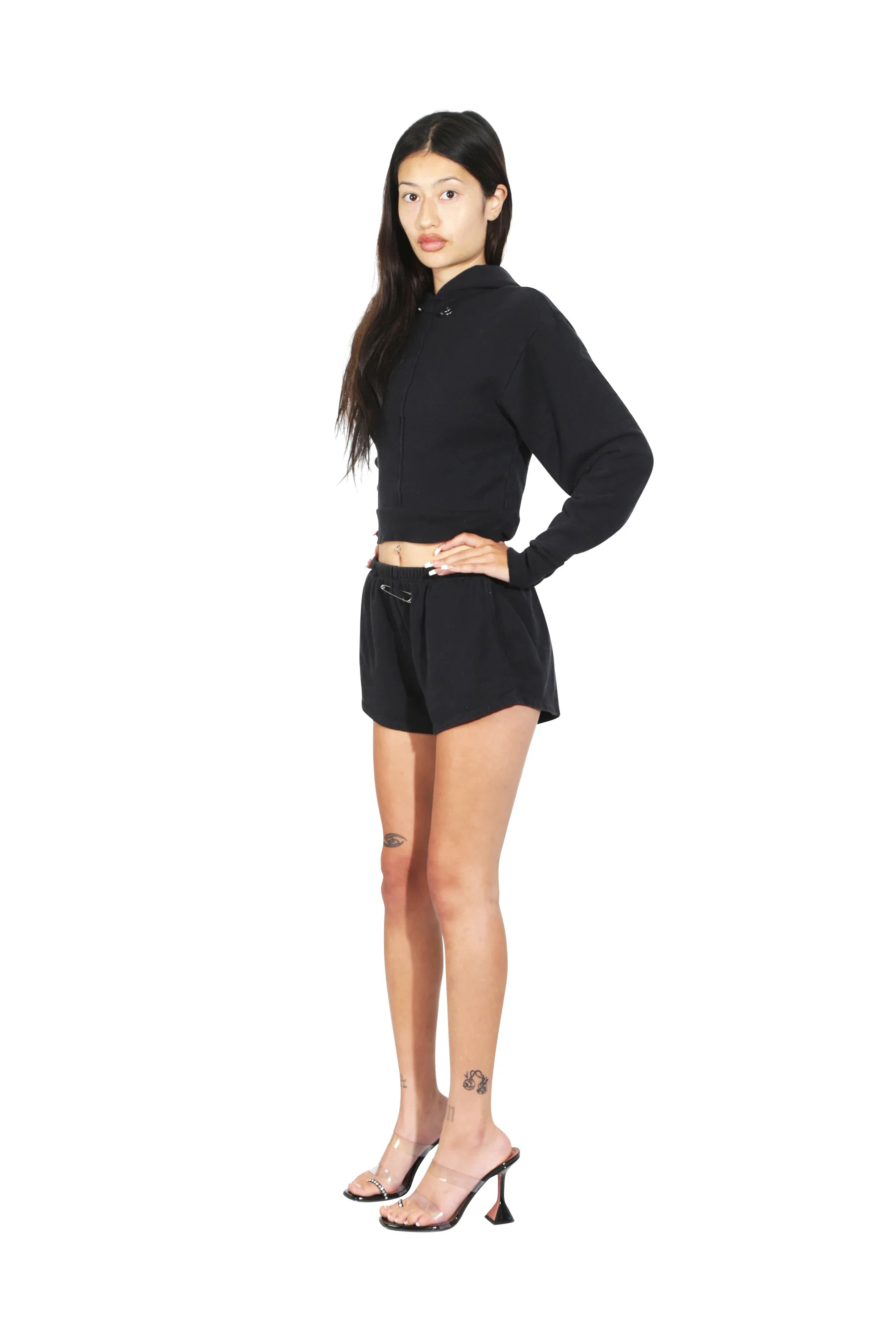 Mini Safety Pin Hoodie in Black Terry - ONFEMME By Lindsey's Kloset