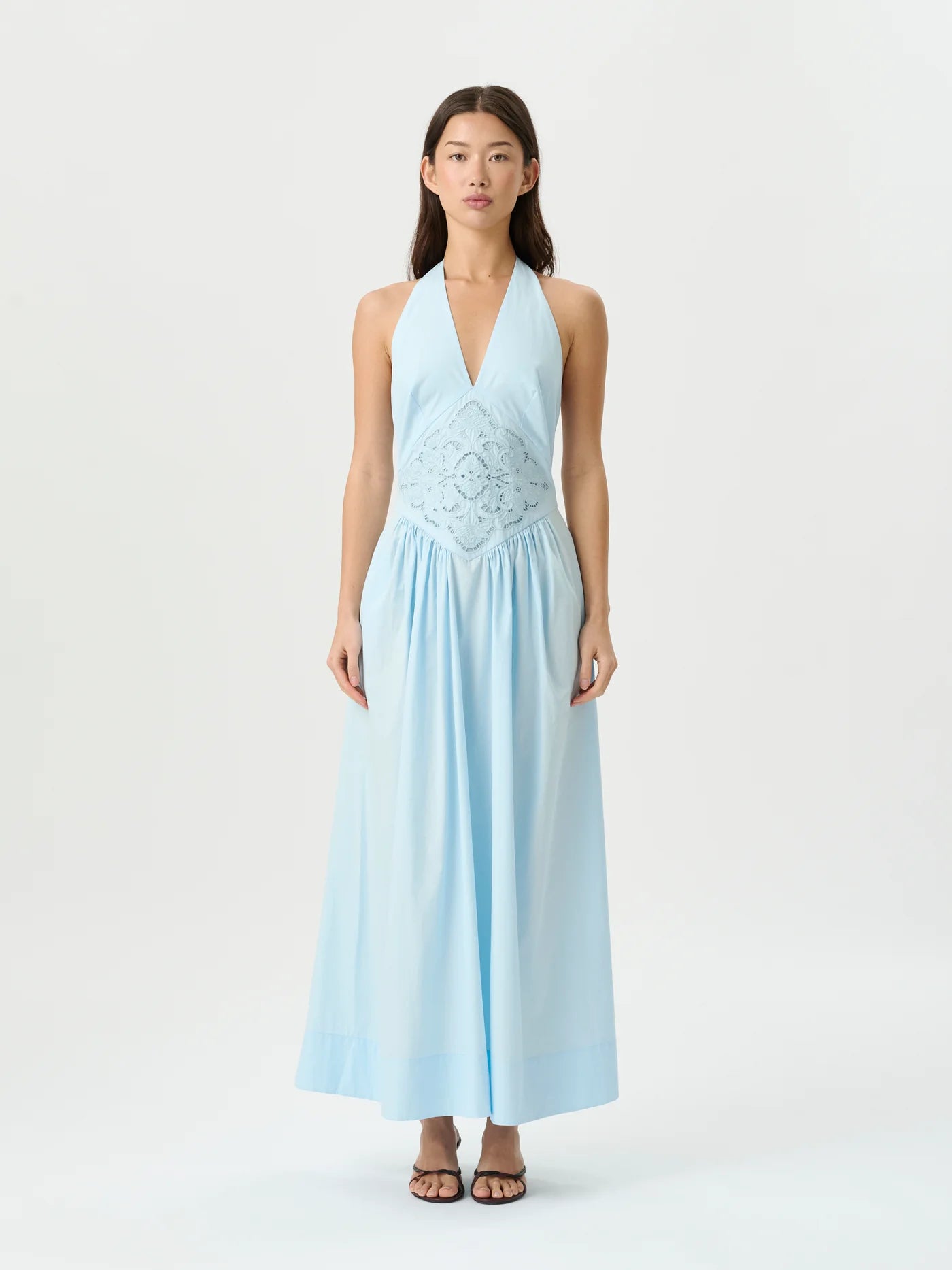 ROAME Maddie Halter Dress — sophisticated flowy dress for wedding guests with A-line skirt