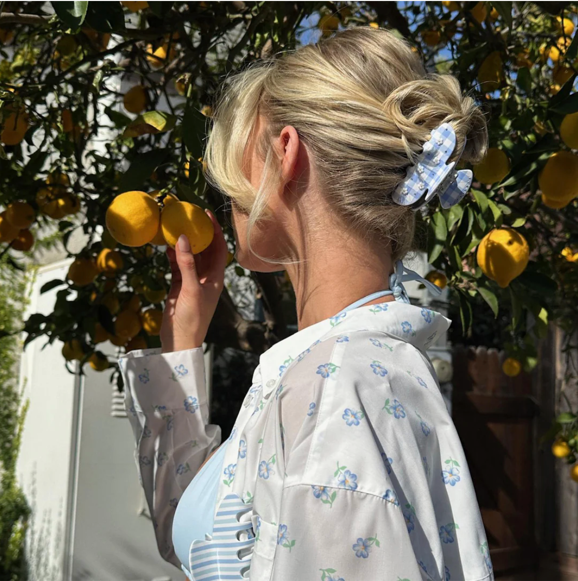 Sweetheart Clip in Daisy Blue Picnic - ONFEMME By Lindsey's Kloset