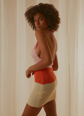 Last Sunset Hour Crochet Mini Dress - Pink Orange Splice - ONFEMME By Lindsey's Kloset