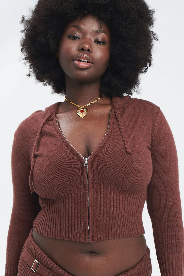 Aimee Clout Knit Zip Up Hoodie - Chocolate - ONFEMME By Lindsey's Kloset