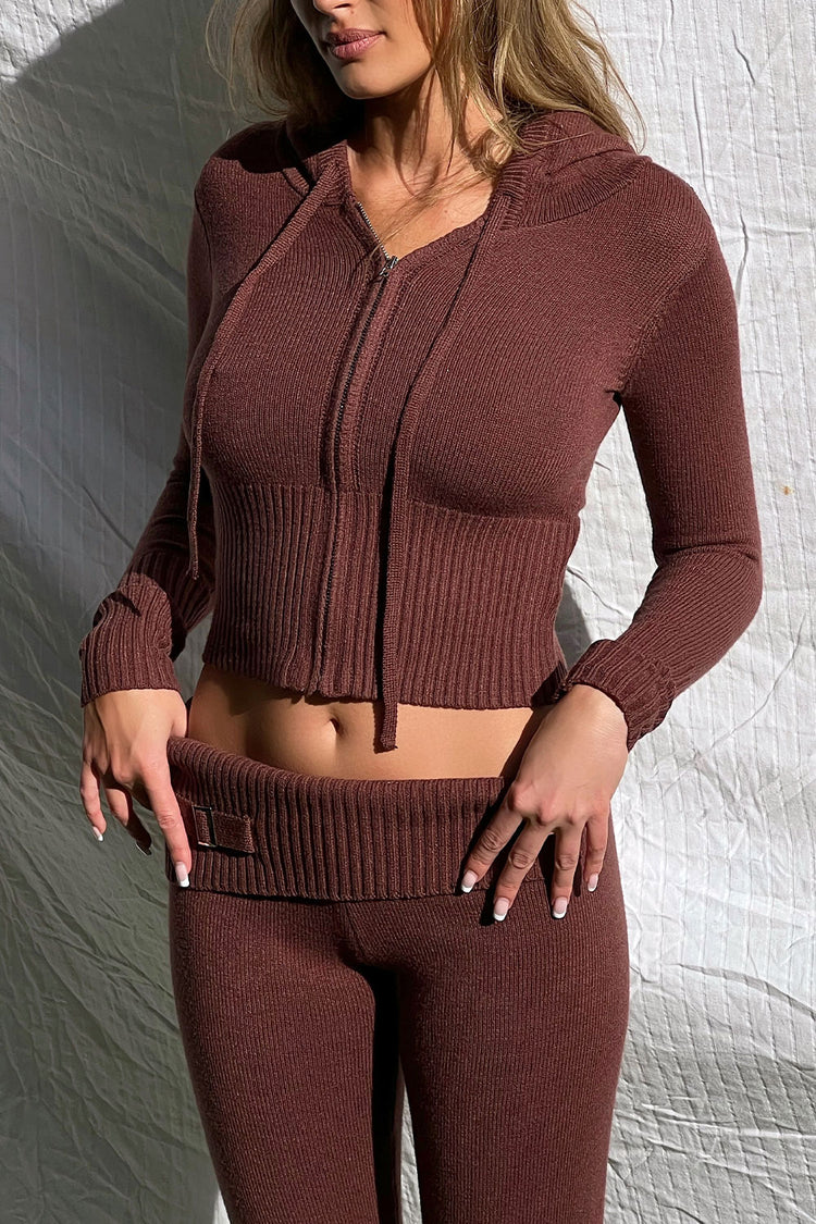 Aimee Clout Knit Zip Up Hoodie - Chocolate - ONFEMME By Lindsey's Kloset