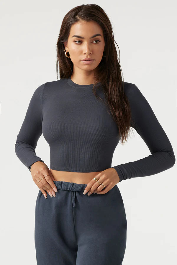 Cropped Crew Long Sleeve - Vintage Navy Rib - ONFEMME By Lindsey's Kloset