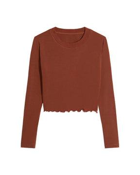 CREW NECK LONG SLEEVE CROPPED TEE (BROWN) - ONFEMME By Lindsey's Kloset